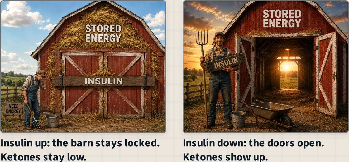 Two barns: insulin up keeps the stored-energy barn locked, insulin down opens the doors