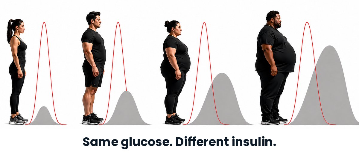 Four glucose curves that look the same, with growing insulin shadows underneath